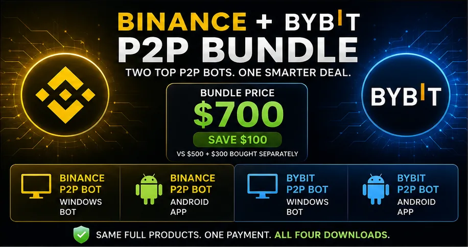 TickBots Binance + Bybit P2P Bundle — one app running the pricing bots for both exchanges